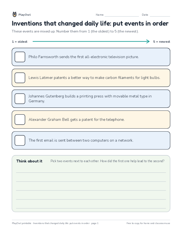 Inventions that changed daily life: put events in order: timeline worksheet for Grade 2, page 1 preview