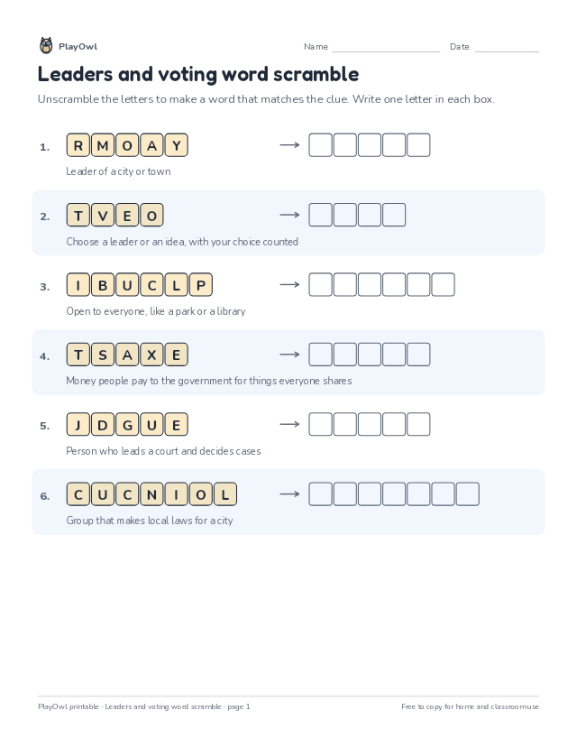 Leaders and voting word scramble: word scramble for Grade 2, page 1 preview