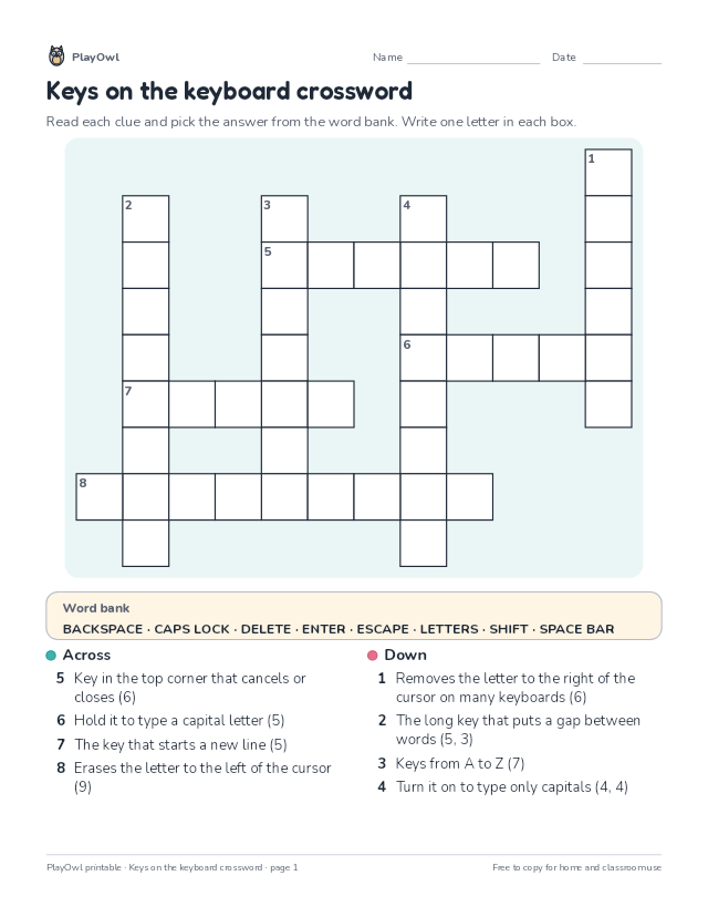 Keys on the keyboard crossword: crossword puzzle for Grade 2, page 1 preview