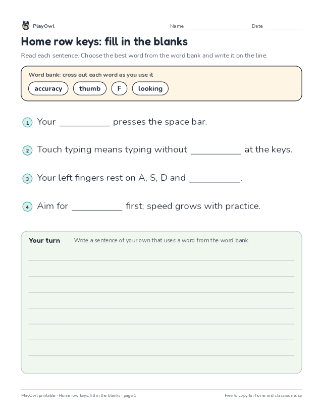 Home row keys: fill in the blanks: fill-in-the-blank worksheet for Grade 2, page 1 preview