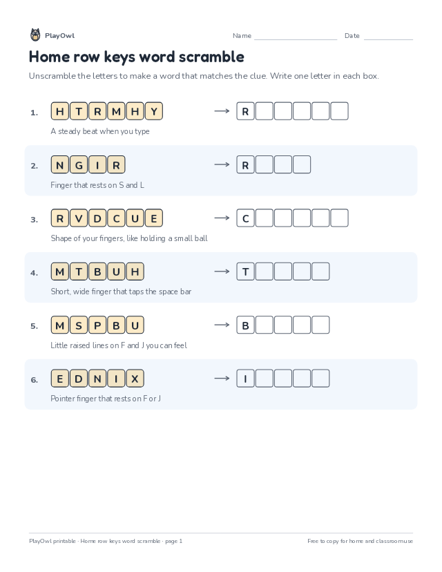Home row keys word scramble: word scramble for Grade 2, page 1 preview
