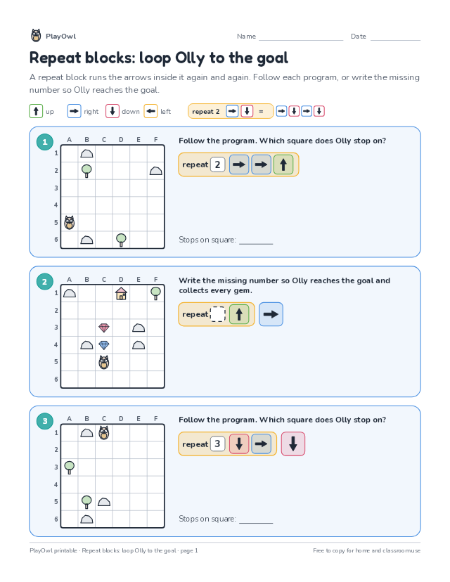 Repeat blocks: loop Olly to the goal: coding puzzle for Grade 3, page 1 preview