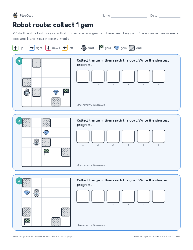 Robot route: collect 1 gem: coding puzzle for Grade 3, page 1 preview