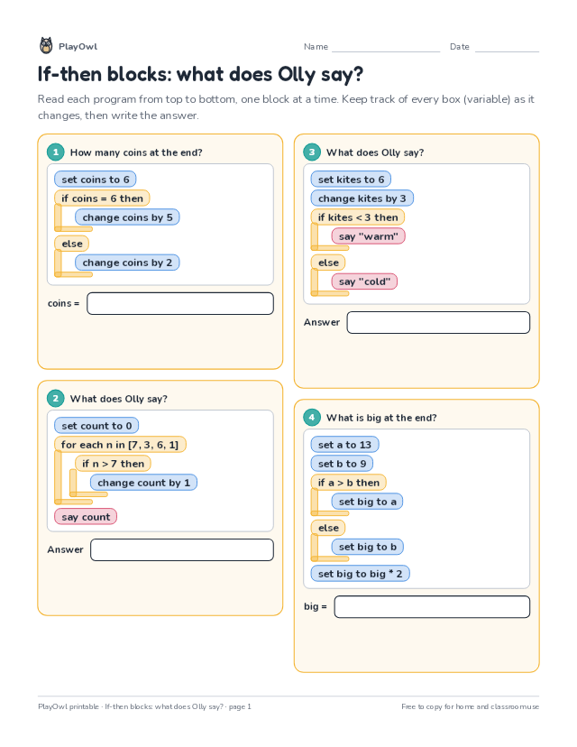 If-then blocks: what does Olly say?: coding worksheet for Grades 3–4, page 1 preview