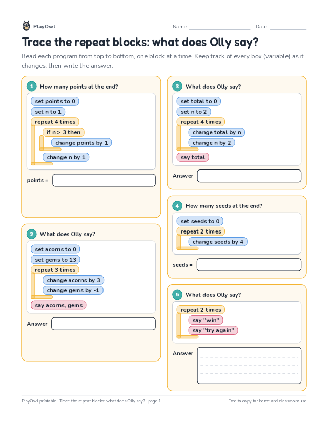 Trace the repeat blocks: what does Olly say?: coding worksheet for Grade 3, page 1 preview