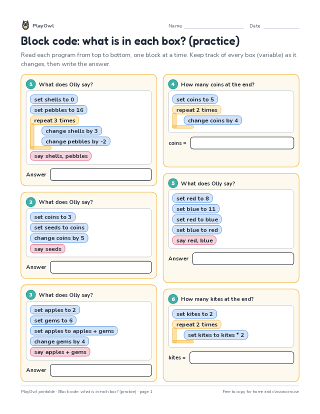 Block code: what is in each box? (practice): coding worksheet for Grade 3, page 1 preview