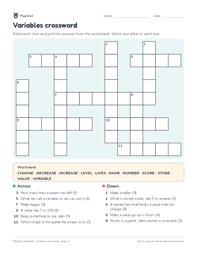 Variables crossword: crossword puzzle for Grade 3, page 1 preview