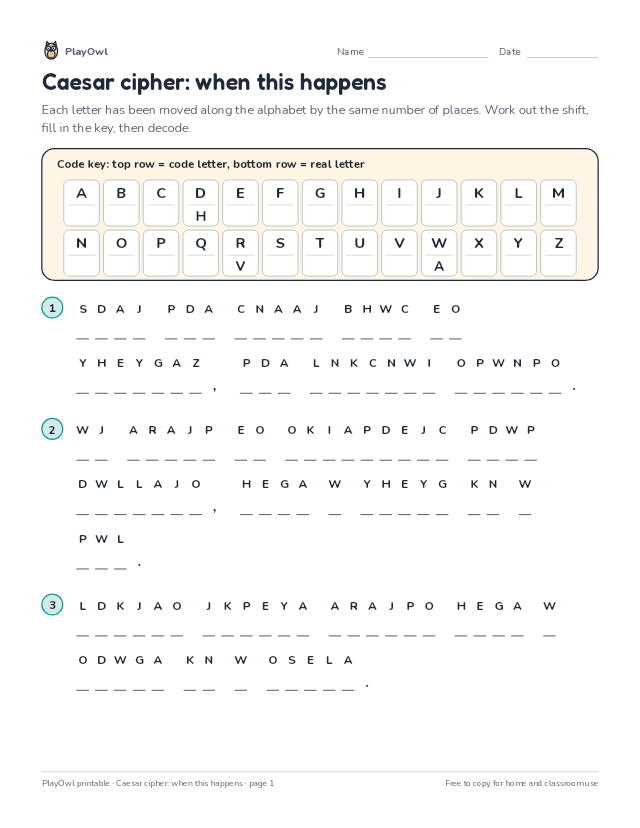 Caesar cipher: when this happens: secret code puzzle for Grade 3, page 1 preview