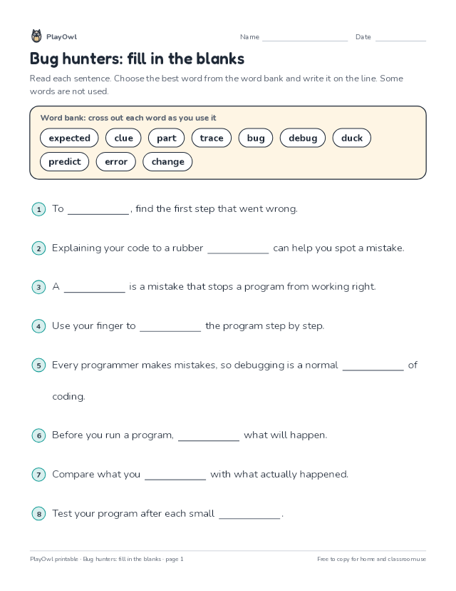 Bug hunters: fill in the blanks: fill-in-the-blank worksheet for Grade 3, page 1 preview