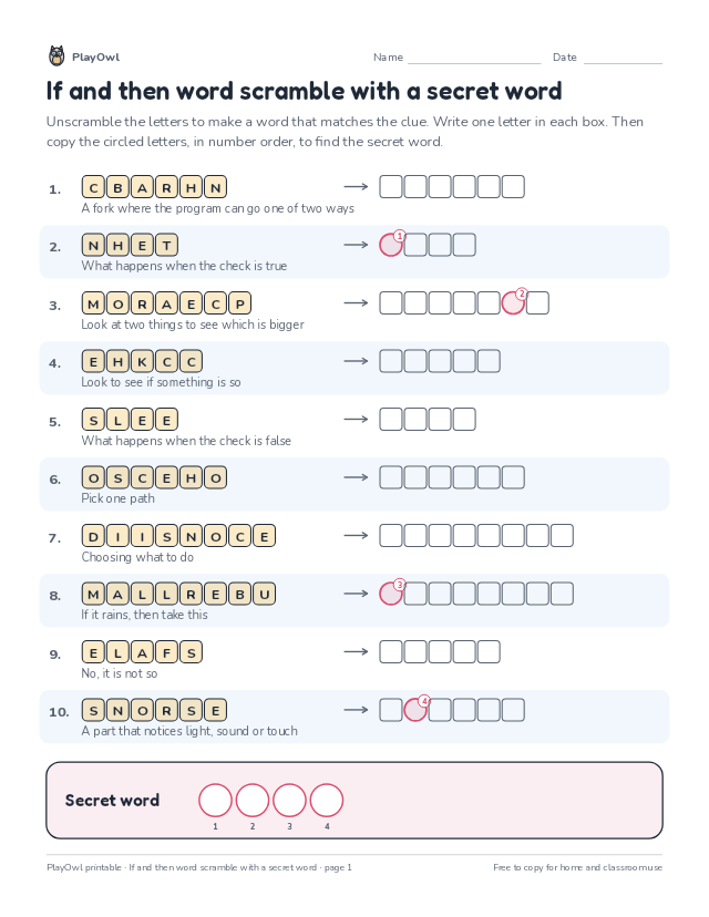 If and then word scramble with a secret word: word scramble for Grade 3, page 1 preview