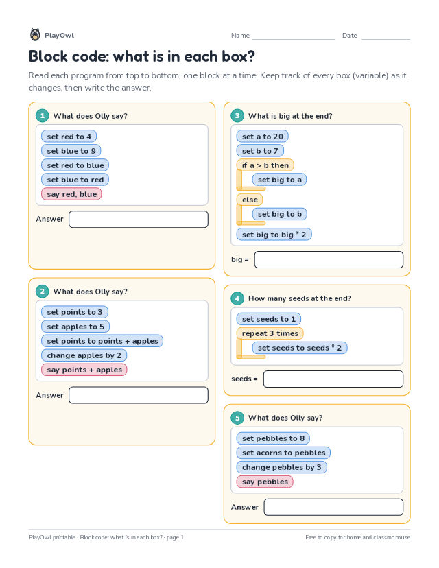 Block code: what is in each box?: coding worksheet for Grades 3–5, page 1 preview