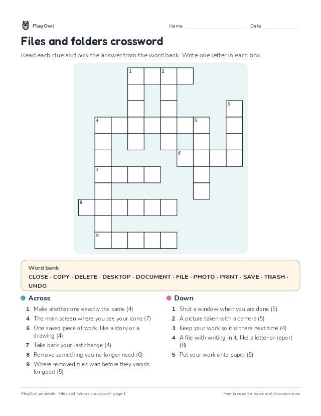 Files and folders crossword: crossword puzzle for Grade 3, page 1 preview