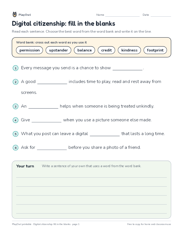 Digital citizenship: fill in the blanks: fill-in-the-blank worksheet for Grade 3, page 1 preview