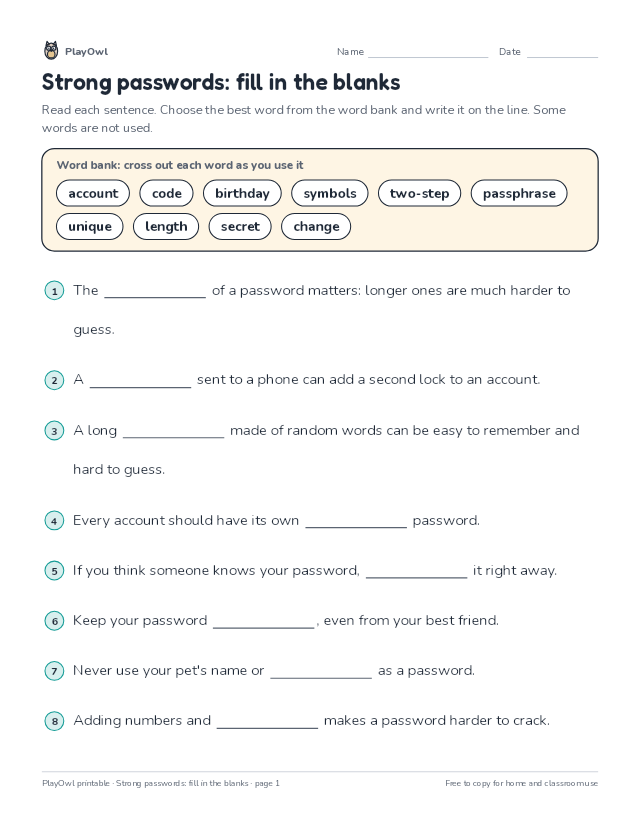 Strong passwords: fill in the blanks: fill-in-the-blank worksheet for Grades 3–4, page 1 preview