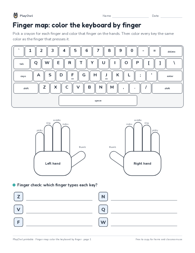 Finger map: color the keyboard by finger: typing worksheet for Grade 3, page 1 preview