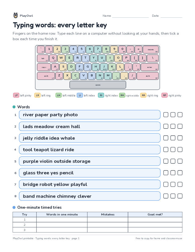 Typing words: every letter key: typing worksheet for Grade 3, page 1 preview