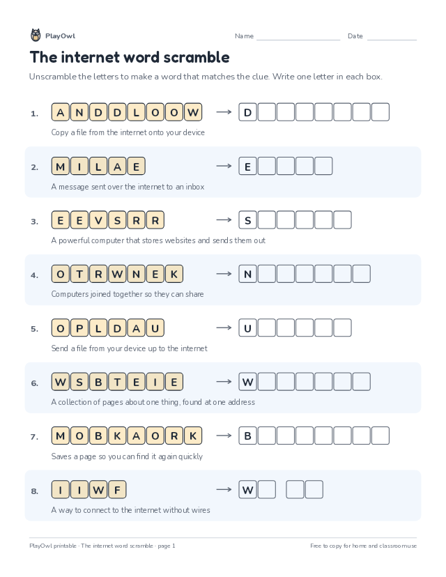 The internet word scramble: word scramble for Grade 3, page 1 preview