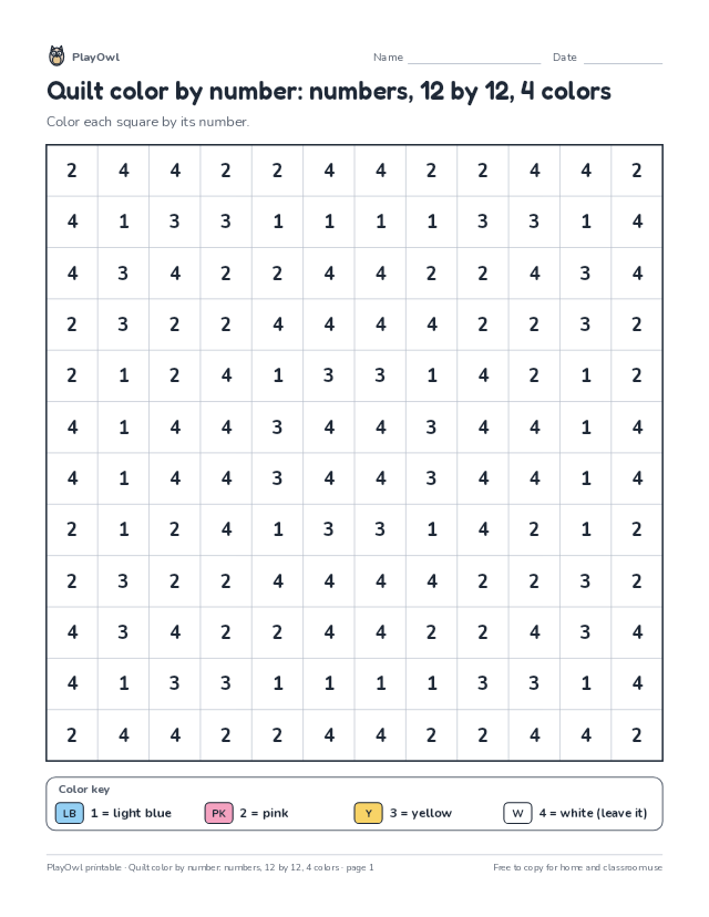 Quilt color by number: numbers, 12 by 12, 4 colors: color-by-number page for Grade 3, page 1 preview