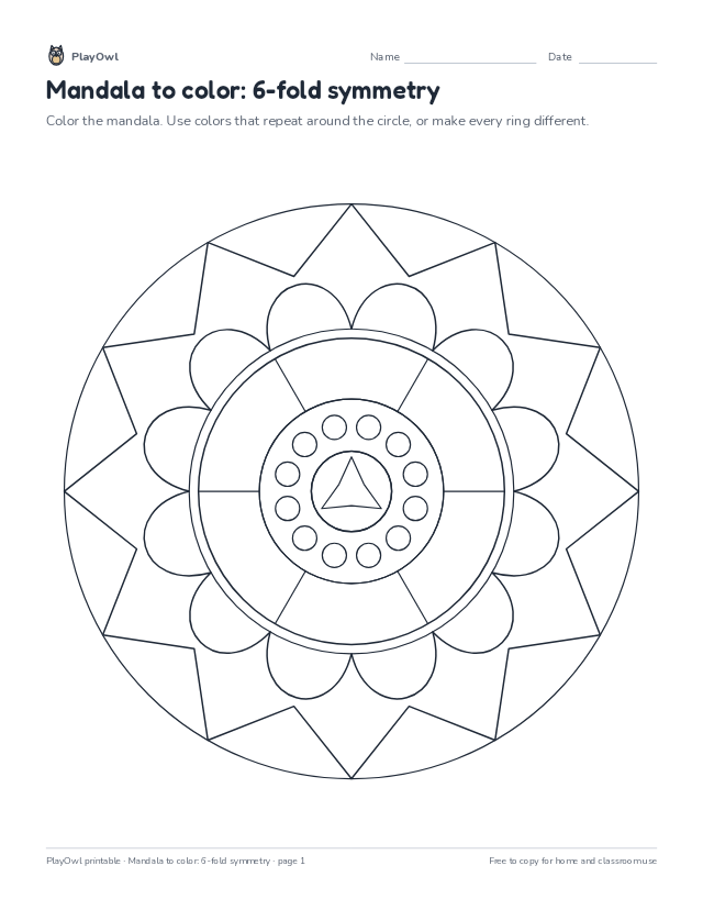 Mandala to color: 6-fold symmetry: coloring page for Grade 3, page 1 preview