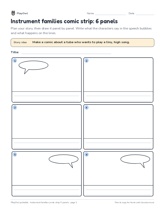 Instrument families comic strip: 6 panels: comic strip worksheet for Grade 3, page 1 preview