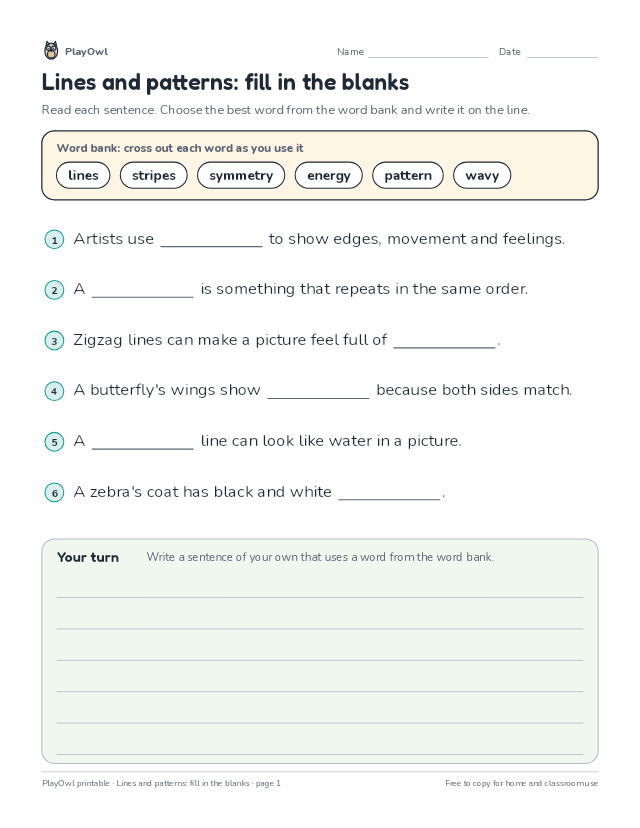 Lines and patterns: fill in the blanks: fill-in-the-blank worksheet for Grade 3, page 1 preview