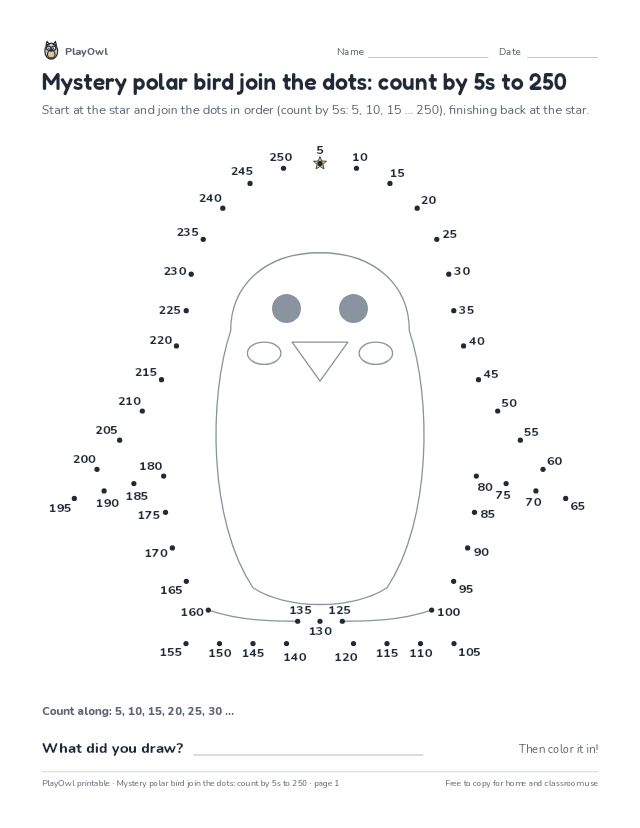 Mystery polar bird join the dots: count by 5s to 250: dot-to-dot for Grade 3, page 1 preview