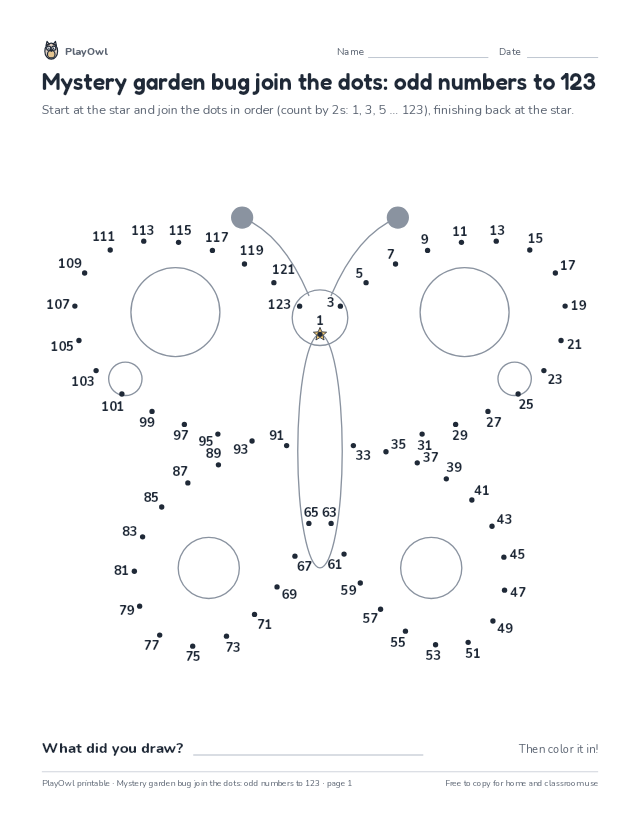 Mystery garden bug join the dots: odd numbers to 123: dot-to-dot for Grade 3, page 1 preview