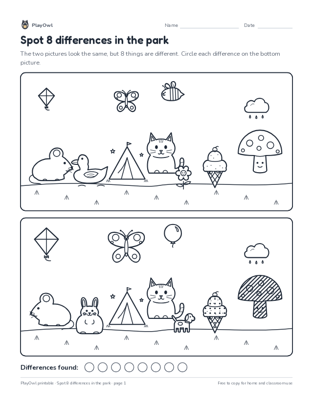 Spot 8 differences in the park: spot the difference puzzle for Grade 3, page 1 preview