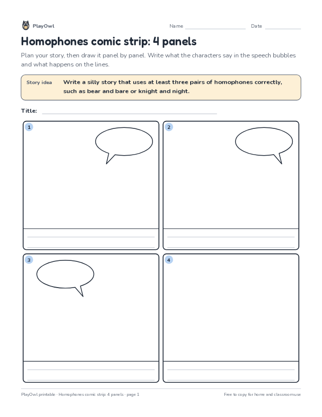 Homophones comic strip: 4 panels: comic strip worksheet for Grade 3, page 1 preview
