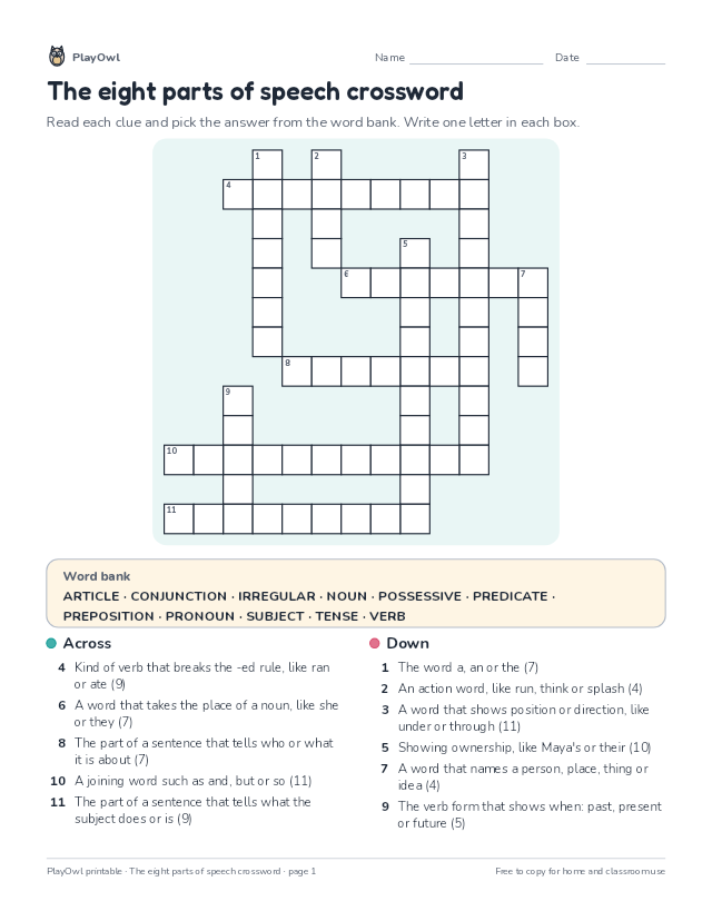 The eight parts of speech crossword: crossword puzzle for Grade 3, page 1 preview