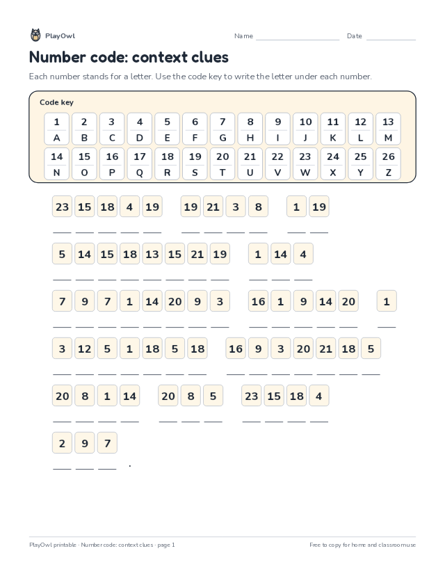 Number code: context clues: secret code puzzle for Grade 3, page 1 preview