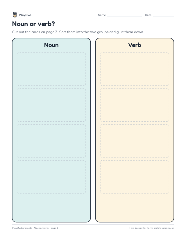 Noun or verb?: cut-and-sort worksheet for Grade 3, page 1 preview