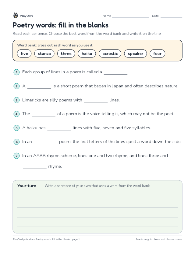 Poetry words: fill in the blanks: fill-in-the-blank worksheet for Grades 3–5, page 1 preview