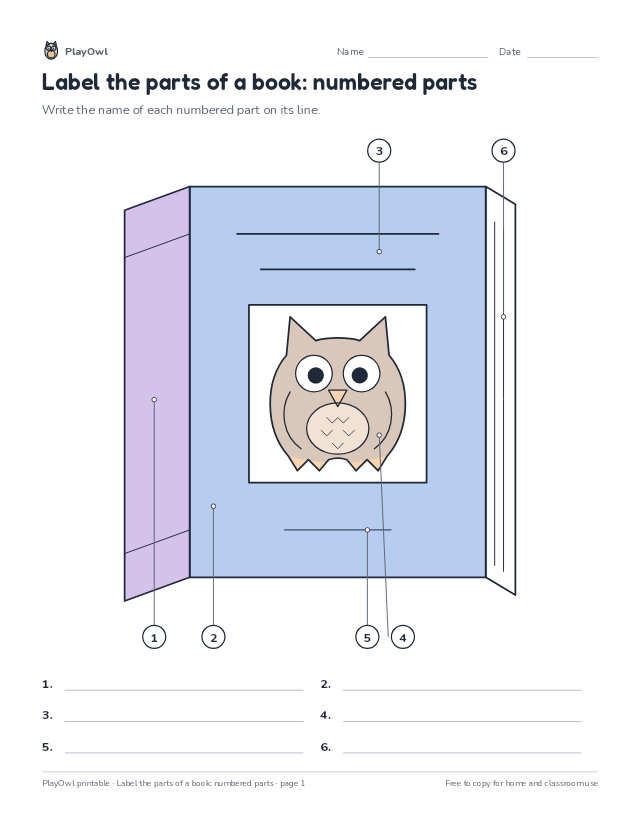 Label the parts of a book: numbered parts: diagram diagram worksheet for Grade 3, page 1 preview