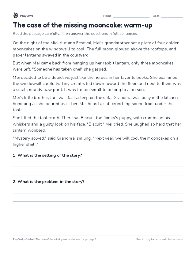 The case of the missing mooncake: warm-up: reading passage for Grade 3, page 1 preview