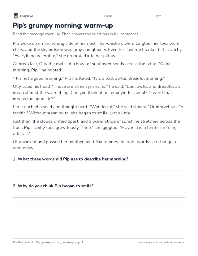 Pip's grumpy morning: warm-up: reading passage for Grade 3, page 1 preview