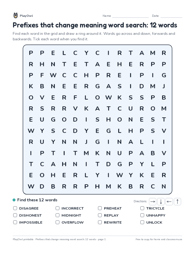 Prefixes that change meaning word search: 12 words: word search for Grade 3, page 1 preview