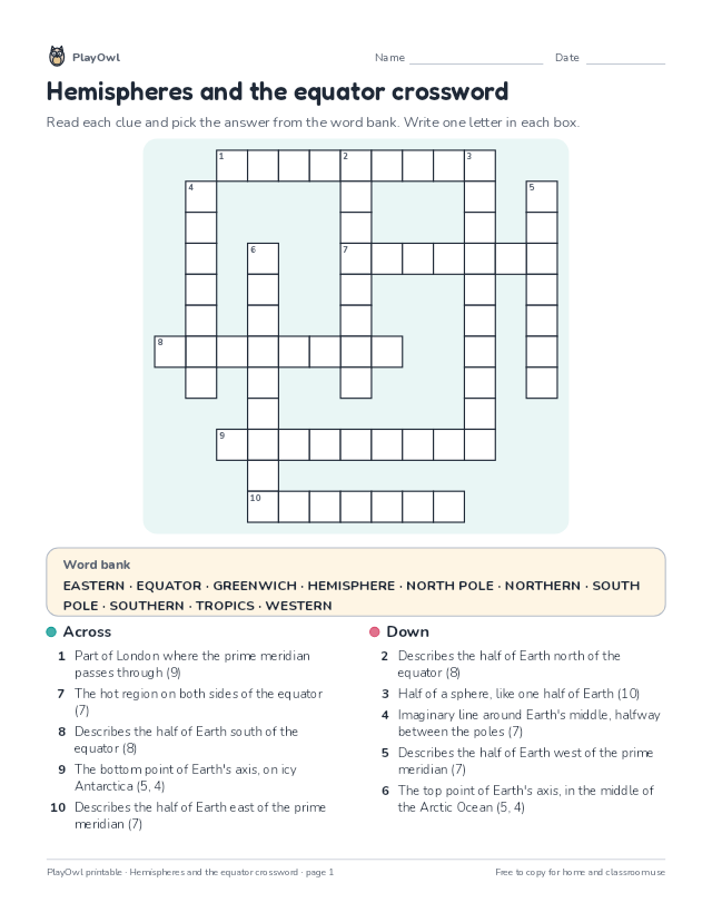 Hemispheres and the equator crossword: crossword puzzle for Grade 3, page 1 preview