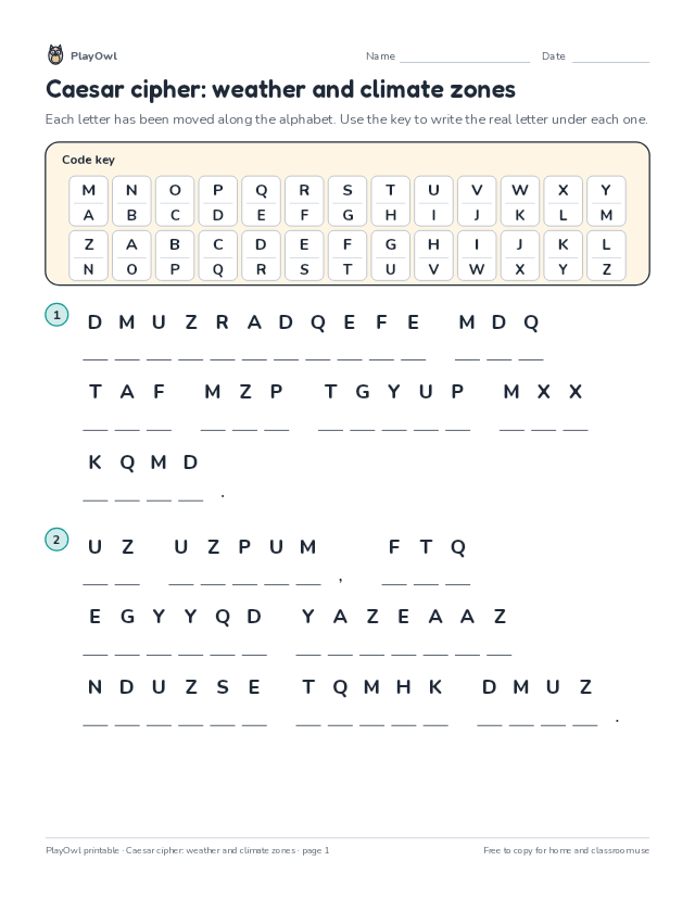 Caesar cipher: weather and climate zones: secret code puzzle for Grade 3, page 1 preview