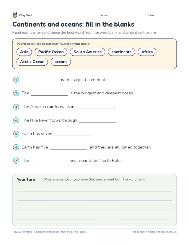 Continents and oceans: fill in the blanks: fill-in-the-blank worksheet for Grade 3, page 1 preview