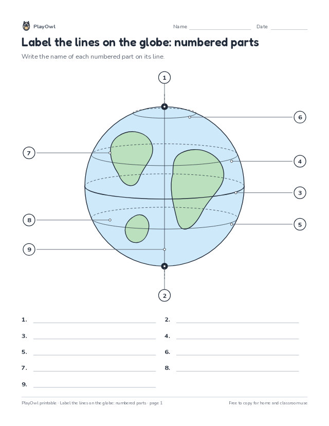 Label the lines on the globe: numbered parts: geography diagram worksheet for Grades 3–8, page 1 preview