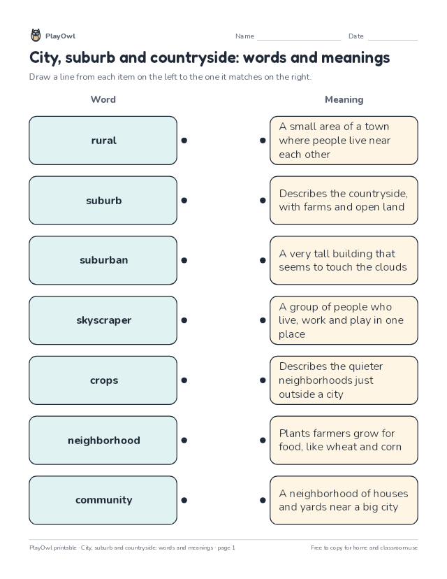City, suburb and countryside: words and meanings: matching worksheet for Grade 3, page 1 preview