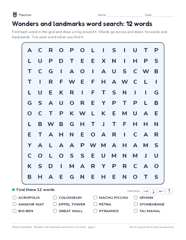 Wonders and landmarks word search: 12 words: word search for Grade 3, page 1 preview