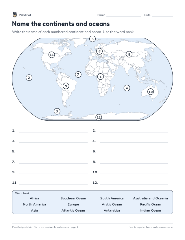 Name the continents and oceans: map worksheet for Grades 3–5, page 1 preview