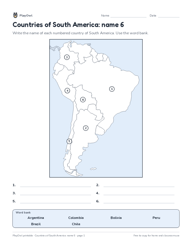 Countries of South America: name 6: map worksheet for Grade 3, page 1 preview