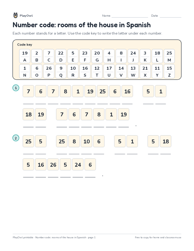 Number code: rooms of the house in Spanish: secret code puzzle for Grade 3, page 1 preview