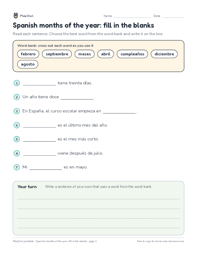 Spanish months of the year: fill in the blanks: fill-in-the-blank worksheet for Grade 3, page 1 preview