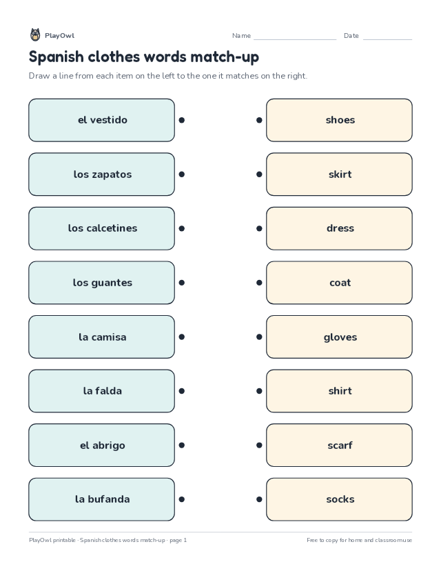 Spanish clothes words match-up: matching worksheet for Grades 3–4, page 1 preview