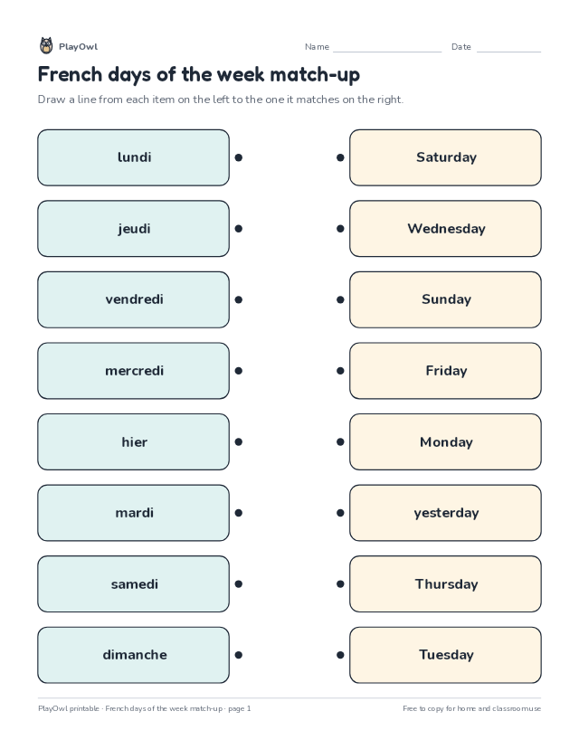 French days of the week match-up: matching worksheet for Grade 3, page 1 preview
