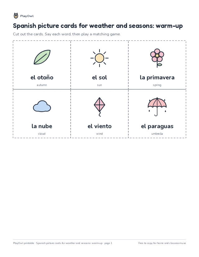 Spanish picture cards for weather and seasons: warm-up: vocabulary worksheet for Grade 3, page 1 preview